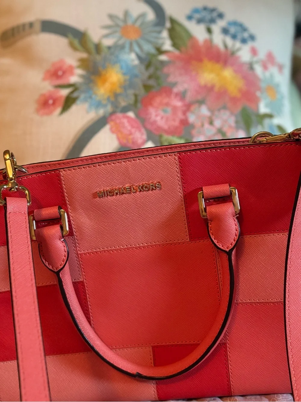 Michael Kors Pink & Coral Patchwork Leather Satchel Bag